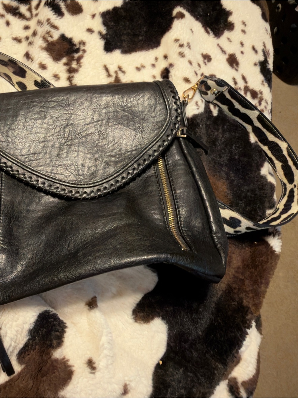 Black Leather Crossbody Bag with Animal-Print Strap